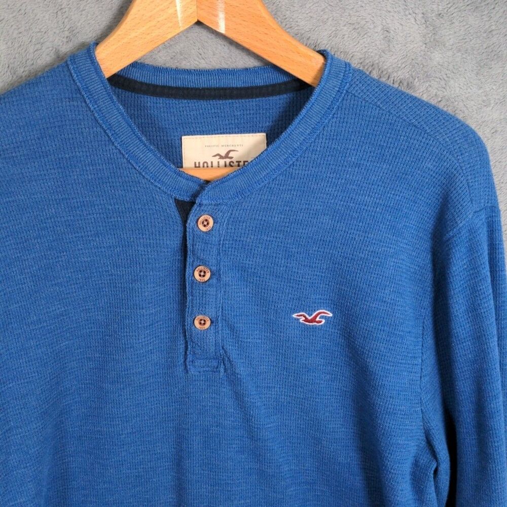 Hollister Henley Shirt Mens M Blue Long Sleeve Waffle Knit Preppy Academia Y2K